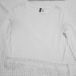 White Knit Shirt with Lace Trimming
